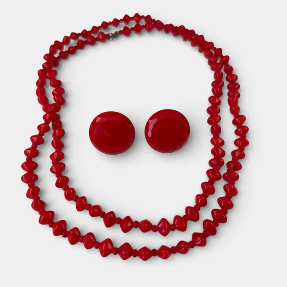 Vintage Czech Red Glass Necklace Set Bohemian Art Deco Flapper Style Jewelry - Picture 2 of 7